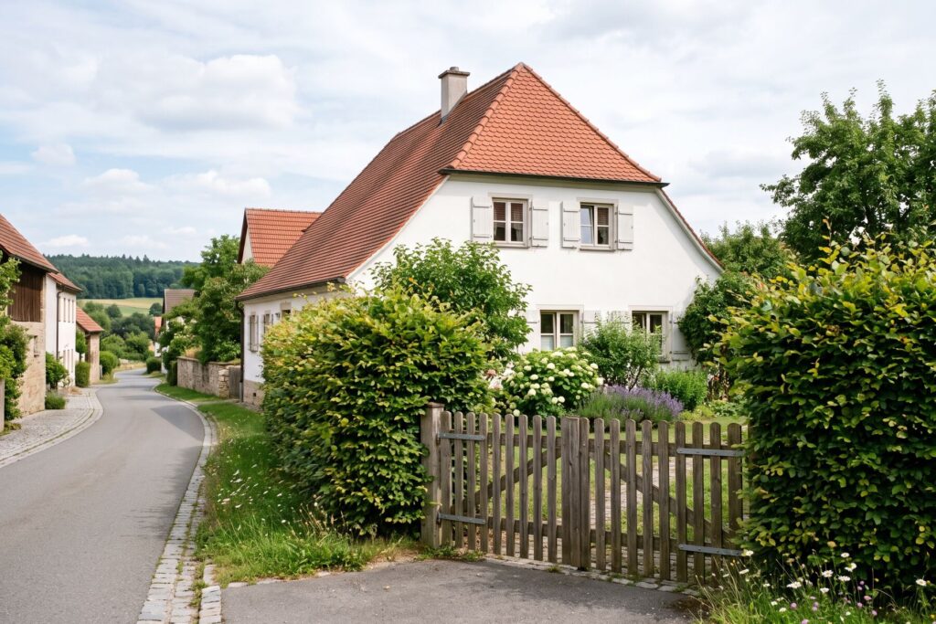 Wohnhaus hinter einer Hecke und einem geschlossenen Gartentor an einer ruhigen Dorfstraße